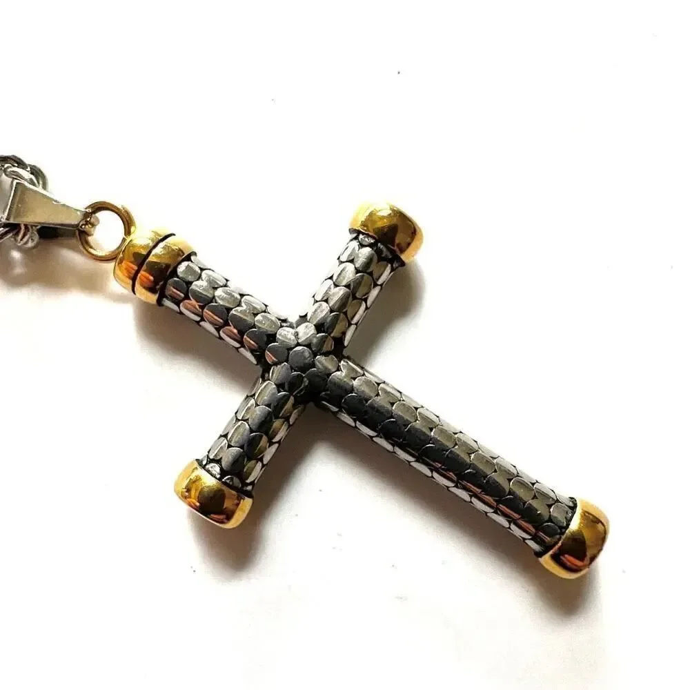 Gold tone stainless steel cross pendant necklace